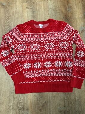 Macy's Red and White Fair Isle Crewneck Sweater